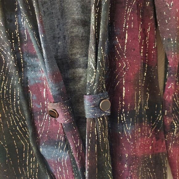 Women's Y2K Gold Textured Knit Open Front Cardigan Green Red Tie Dye Sz Medium - Picture 3 of 10